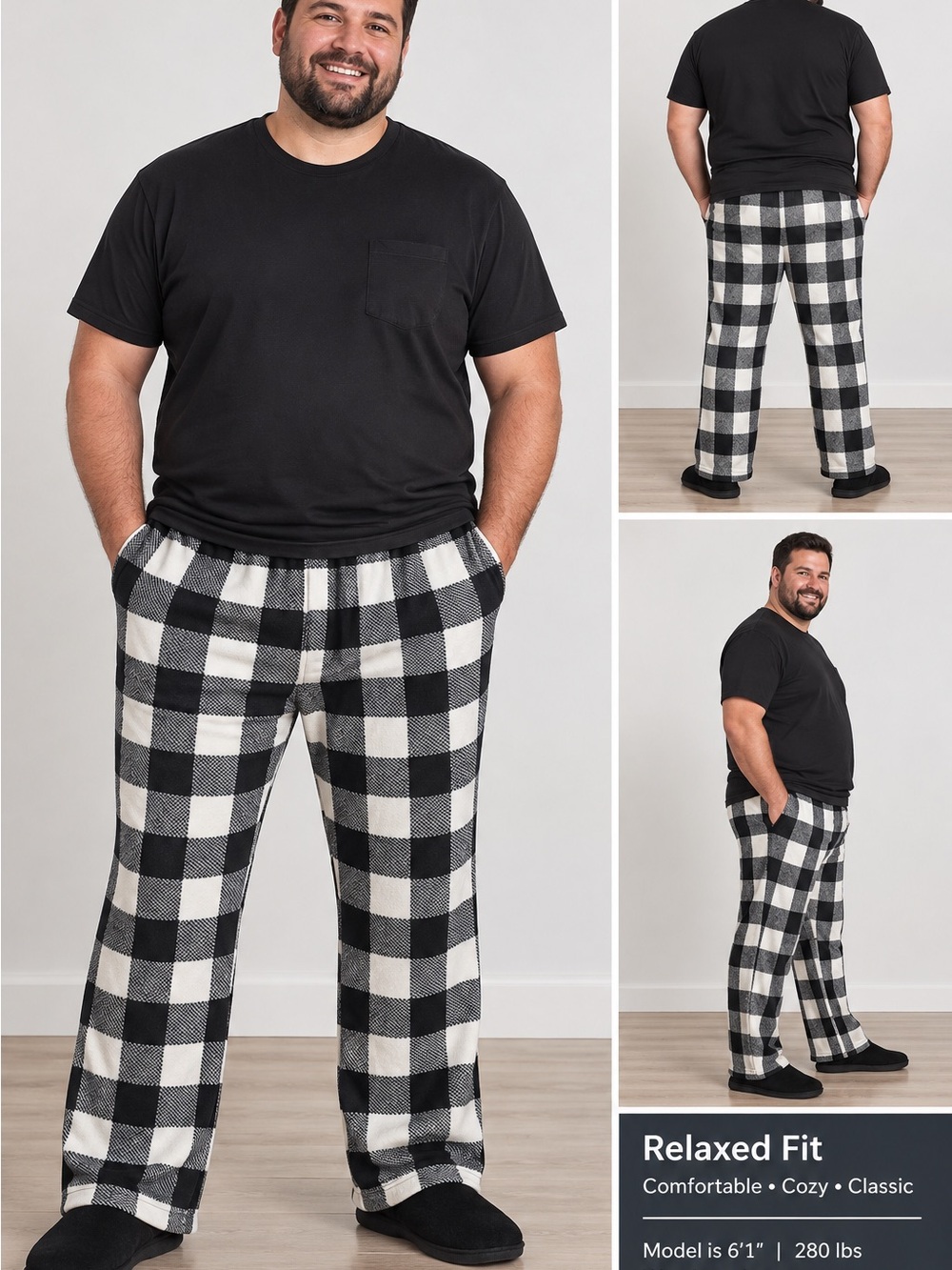 Fammy Jammies Men’s Large Black White Buffalo Plaid Fleece Pajama Pants